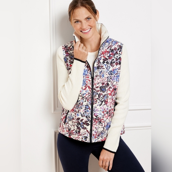 Talbots Jackets & Blazers - Talbots Quilted Mixed Media Jacket Blue Red Watercolor Garden